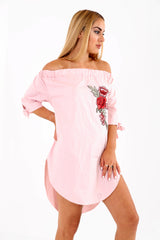 Rose Embroidered Curved Hem Bardot Dress Top