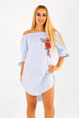 Rose Embroidered Curved Hem Bardot Dress Top