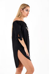 Rose Embroidered Curved Hem Bardot Dress Top