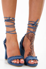 Distressed Denim Block Heel Sandals