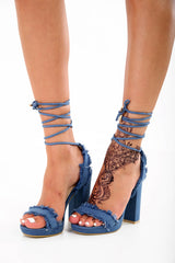Distressed Denim Block Heel Sandals