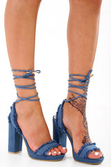 Distressed Denim Block Heel Sandals