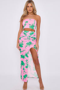Floral Bandeau Crop Top & Twist Knot Maxi Skirt Co-ord - Pink
