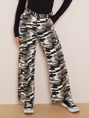 Camouflage Wide Leg Denim Cargo Trousers