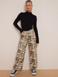 Camouflage Wide Leg Denim Cargo Trousers - Stone