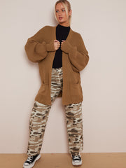 Waist Length Balloon Sleeve Knitted Cardigan