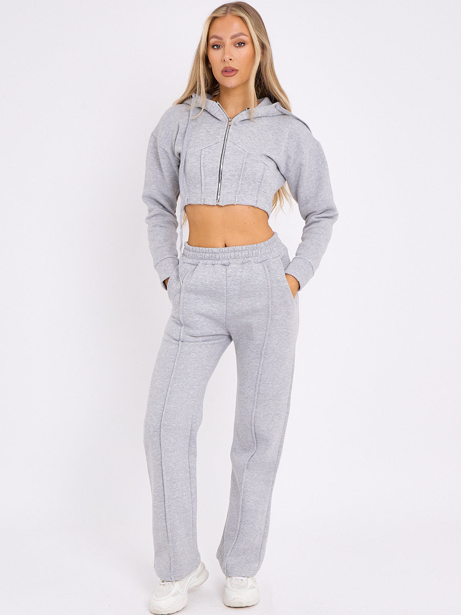 Wholesale Corset Style Zip Up Cropped Hoodie Fleece Co-ord