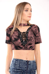 Tie Dye Lace Eyelet Choker Neck Crop Top