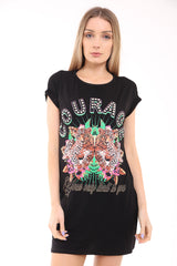Besetzt "Courage" & Leopardendruck T -Shirt -Kleid