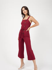 Mock Button Detail Belted Culotte Jumpsuit