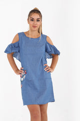 Cold Shoulder Embroidered Denim Dress