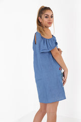 Cold Shoulder Embroidered Denim Dress