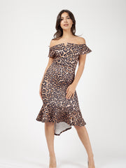 Leopard Print Frill Bardot Midi Dress