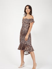 Leopard Print Frill Bardot Midi Dress