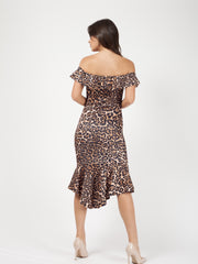 Leopard Print Frill Bardot Midi Dress