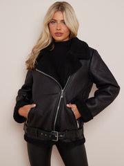 Faux Leather Lined Aviator Jacket