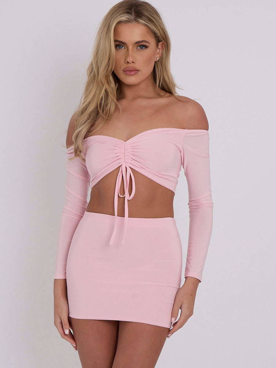 Wholesale Slinky Ruched Bardot Crop Top Mini Skirt Co-ord