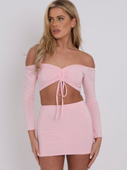 Slinky Ruched Bardot Crop Top & Mini Skirt Co-ord