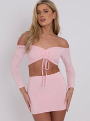Slinky Ruched Bardot Crop Top & Mini Skirt Co-ord