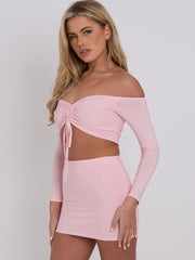 Slinky Ruched Bardot Crop Top & Mini Skirt Co-ord