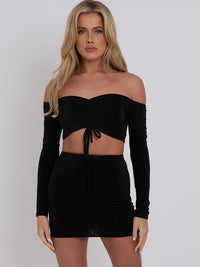 Slinky Ruched Bardot Crop Top & Minirock Co-ordte - Black