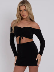 Slinky Ruched Bardot Crop Top & Mini Skirt Co-ord