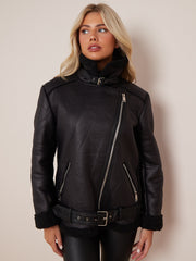 Faux Leather Lined Aviator Jacket