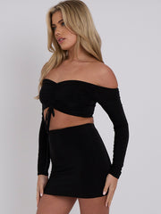 Slinky Ruched Bardot Crop Top & Mini Skirt Co-ord