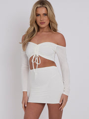Slinky Ruched Bardot Crop Top & Mini Skirt Co-ord