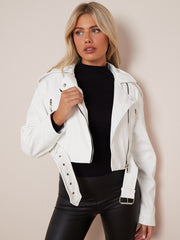 Faux Leather Cropped Biker Jacket With Belt