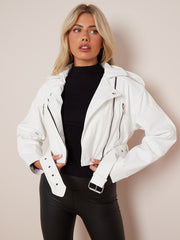 Faux Leather Cropped Biker Jacket With Belt