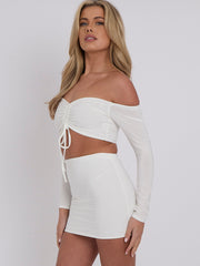 Slinky Ruched Bardot Crop Top & Mini Skirt Co-ord