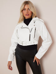 Faux Leather Cropped Biker Jacket With Belt