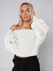 Off Shoulder Cropped Knitted Jumper