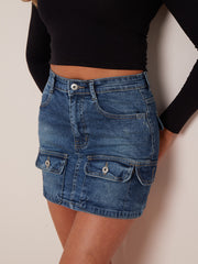 Denim Cargo Skirt With Utility Pockets