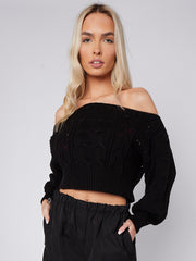 Off Shoulder Cropped Knitted Jumper