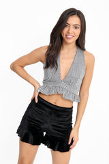 Dogtooth Ruched Frill Plunge Crop Top