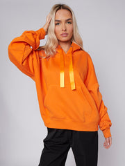 Ribbon Drawstring Ruched Sleeves Fleeced Hoodie