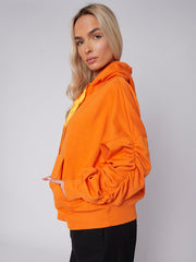 Ribbon Drawstring Ruched Sleeves Fleeced Hoodie