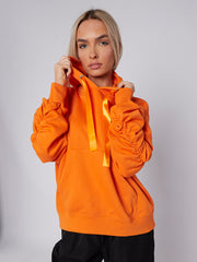 Ribbon Drawstring Ruched Sleeves Fleeced Hoodie