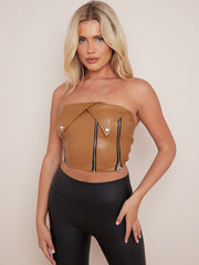 Faux Leder Bandeau Crop Top mit Reißverschlussdetail
