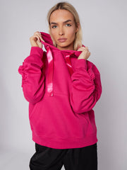 Ribbon Drawstring Ruched Sleeves Fleeced Hoodie