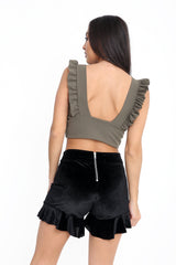 Ruched Frill Strap Plunge Crop Top