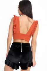 Ruched Frill Strap Plunge Crop Top
