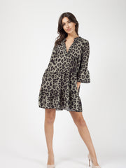 Leopard Print Frill Smock Dress