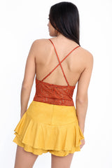 Scallop Lace Cross Back Strappy Bodysuit
