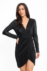 Pleated Metallic Wrap Bodycon Dress