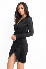 Pleated Metallic Wrap Bodycon Dress