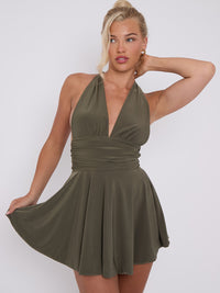 Slinky Neckholder Neck Frill Mini Kleid - Olive