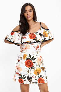 Floral Print Frill Cami Dress - White
